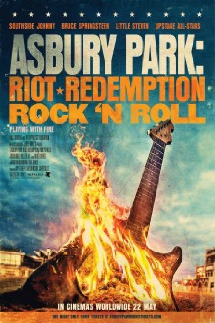 Das Filmplakat für „Asbury Park: Riot, Redemption, Rock 'n Roll“ zeigt eine brennende Gitarre.