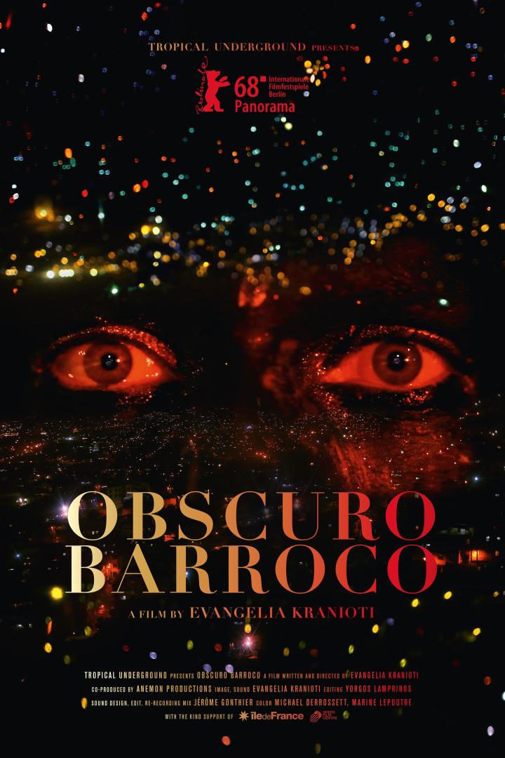 Das Filmplakat für „Obscuro Barroco“ zeigt Augen über einer nächtlichen Stadtansicht.