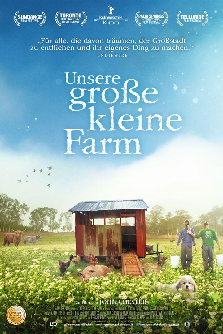 Das Filmplakat für „Unsere große kleine Farm“ zeigt eine ländliche Szene mit Tieren und Menschen.