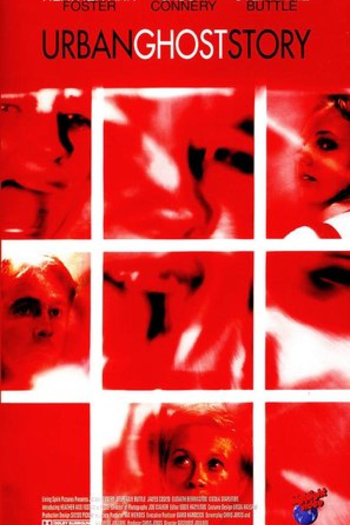 Das rote Filmplakat für „Urban Ghost Story“ zeigt verzerrte Gesichter in neun Feldern.
