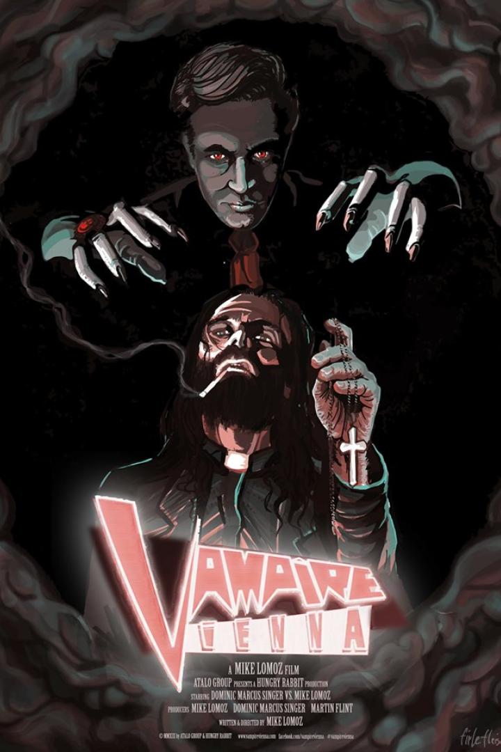 Ein Filmplakat für „Vampire Vienna“ mit einem Priester, der eine Kette mit Kreuz hält, und einem Vampir im Hintergrund.