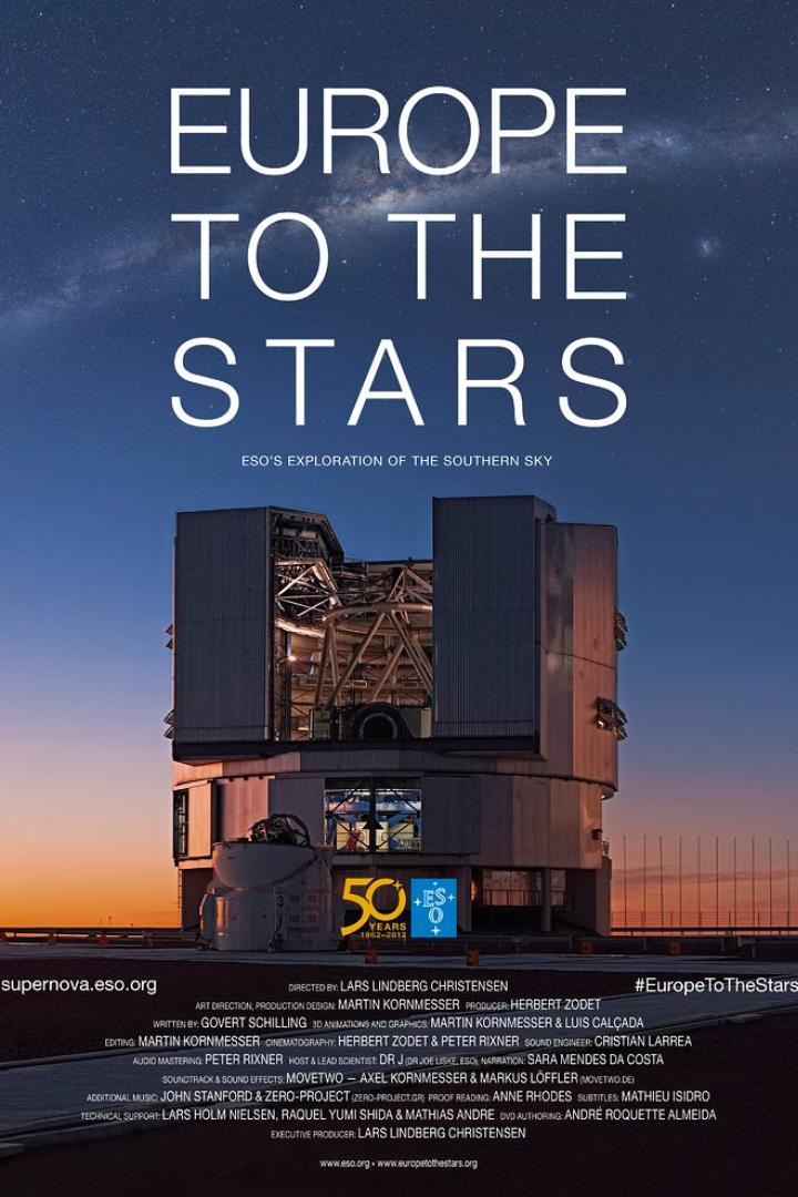 Das Poster für den Film „Europe to the Stars“ zeigt ein großes Observatorium unter einem Sternenhimmel.