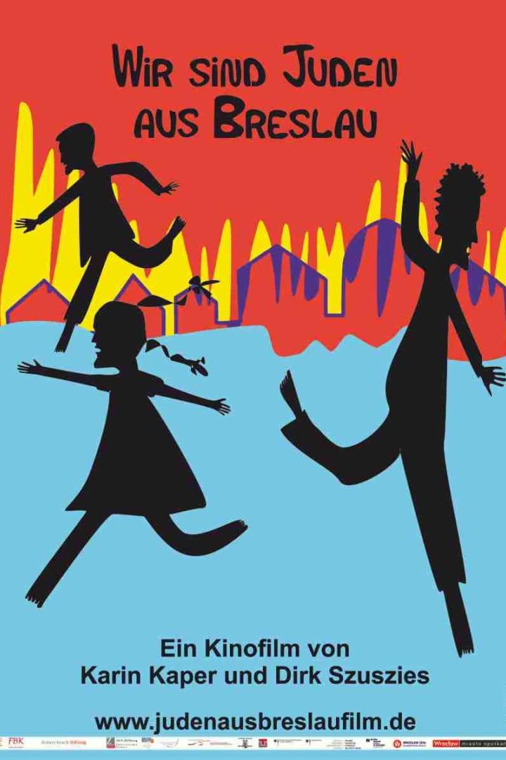 Das Filmplakat für „Wir sind Juden aus Breslau“ zeigt stilisierte, rennende Silhouetten vor bunten Häusern.