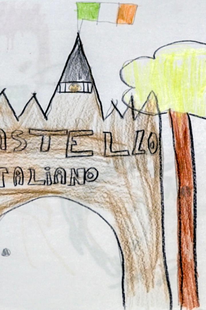 Eine Kinderzeichnung zeigt ein italienisches Schloss mit der italienischen Flagge.