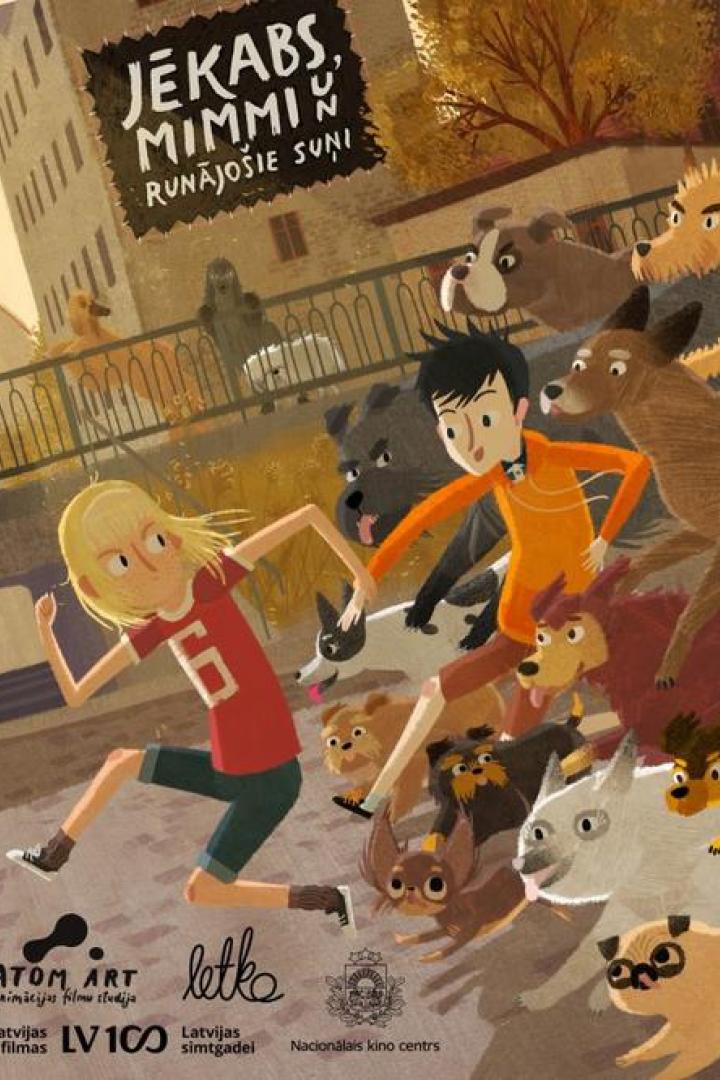 Ein Junge und ein Mädchen rennen, verfolgt von einer Horde Hunde, Filmposter „Jēkabs, Mimmi un runājošie suņi“.