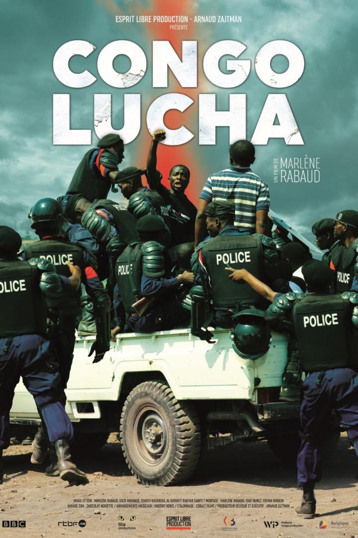 Das Filmplakat für „Congo Lucha“ zeigt Polizisten und Demonstranten auf einem Lastwagen.