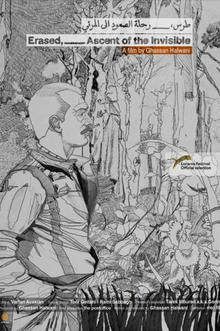 Das Filmplakat für „Erased, Ascent of the Invisible“ zeigt eine Bleistiftzeichnung eines Mannes in einer Waldlandschaft.