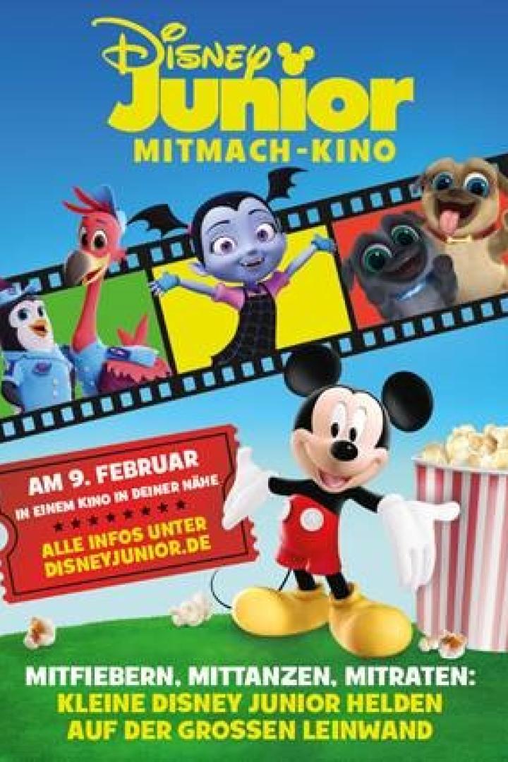 Werbung für das Disney Junior Mitmach-Kino am 9. Februar mit Mickey Mouse und anderen Disney-Figuren.