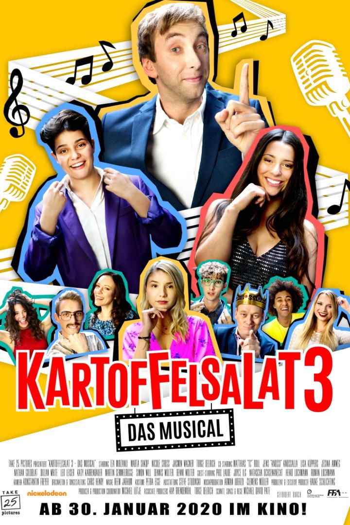 Ein Werbeplakat für den deutschen Musicalfilm „Kartoffelsalat 3“ mit den Darstellern.