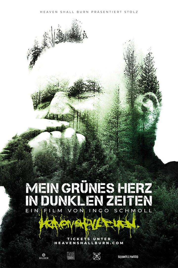Das Filmplakat für „Mein grünes Herz in dunklen Zeiten“ zeigt ein Gesicht, das mit einem Wald überlagert ist.