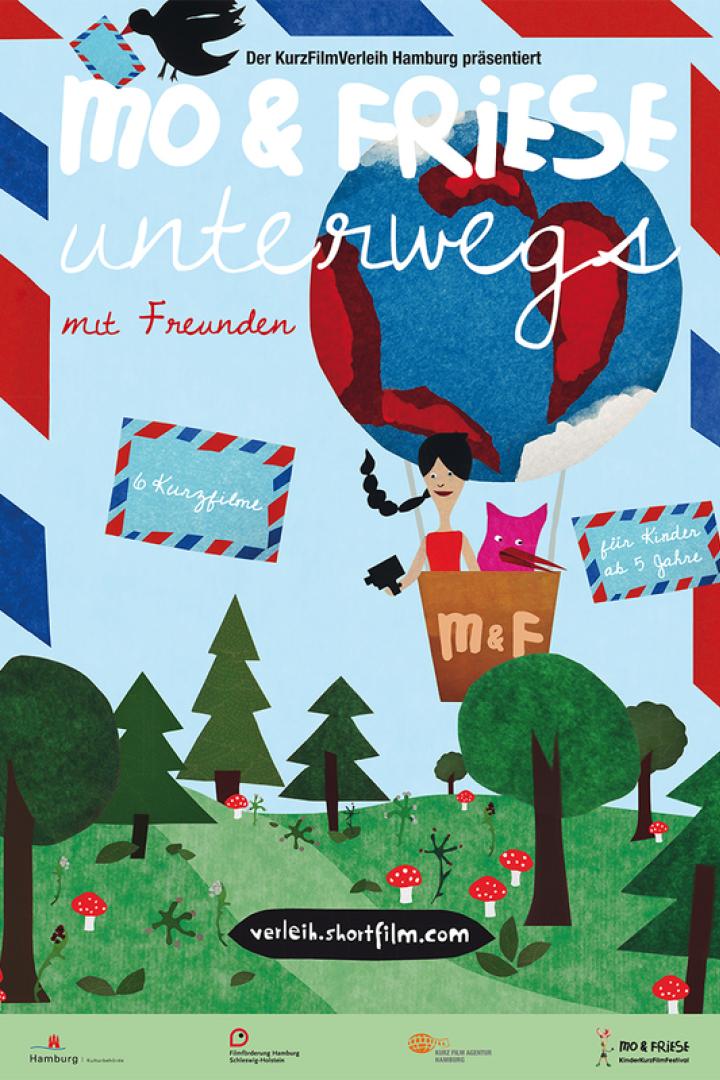 Ein animiertes Poster für „Mo & Friese unterwegs mit Freunden“, ein Kurzfilmfestival für Kinder ab 5 Jahren.