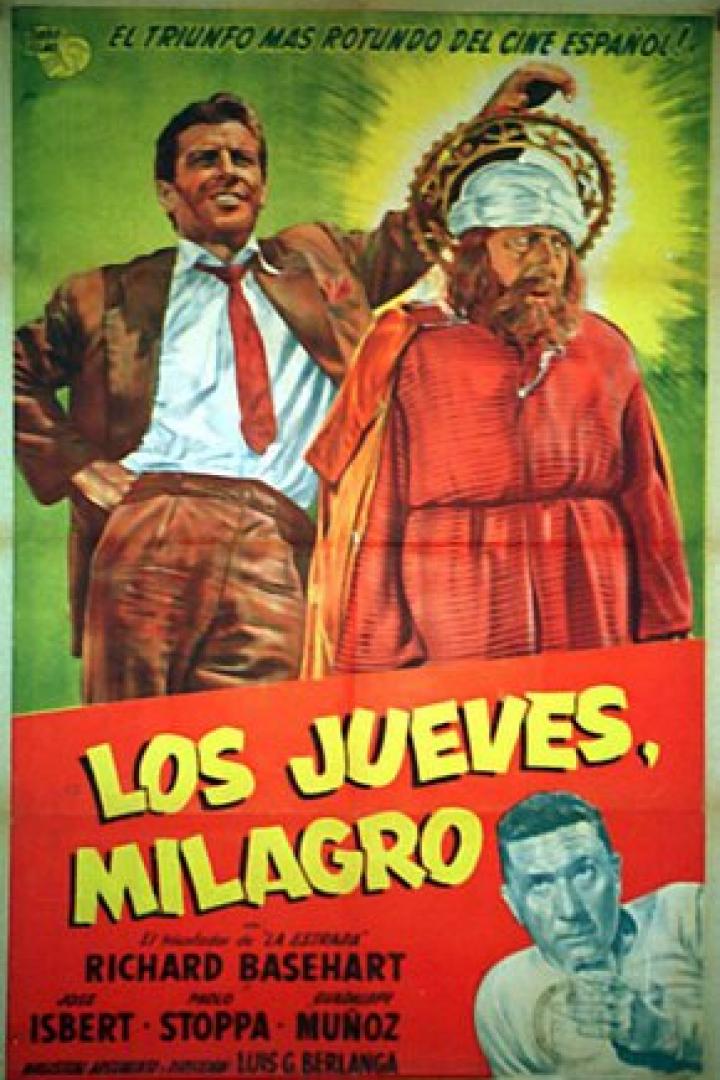 Das Filmplakat für „Los Jueves, Milagro“ mit Richard Basehart und einem Mann im religiösen Gewand.