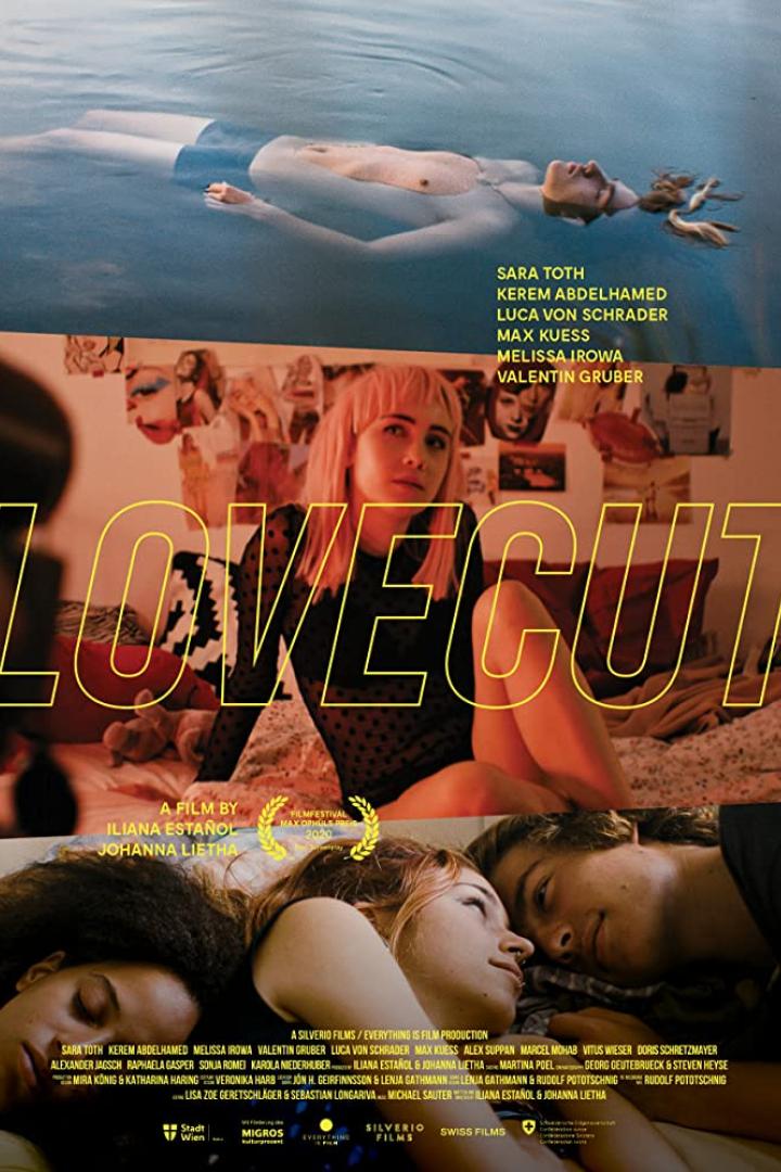 Das Filmplakat für „Lovecut“ zeigt drei Szenen mit den Darstellern.