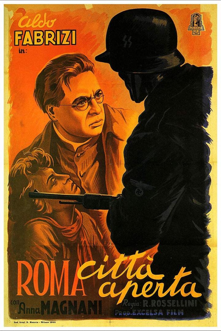 Das Filmplakat für „Roma città aperta“ zeigt Aldo Fabrizi, Anna Magnani und einen SS-Offizier.