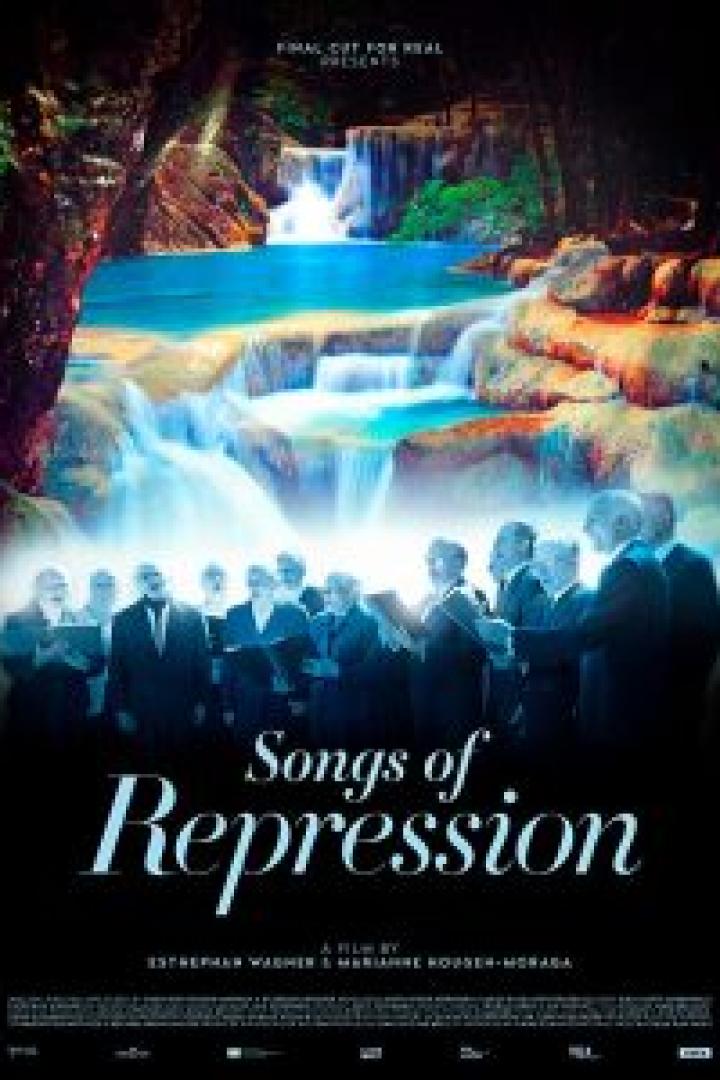 Das Filmplakat für „Songs of Repression“ zeigt einen Chor vor einem Wasserfall.