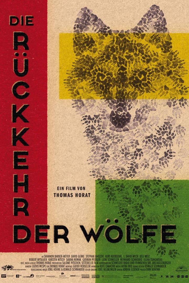 Das Filmplakat für „Die Rückkehr der Wölfe“ zeigt einen Wolfskopf aus Pfotenabdrücken.