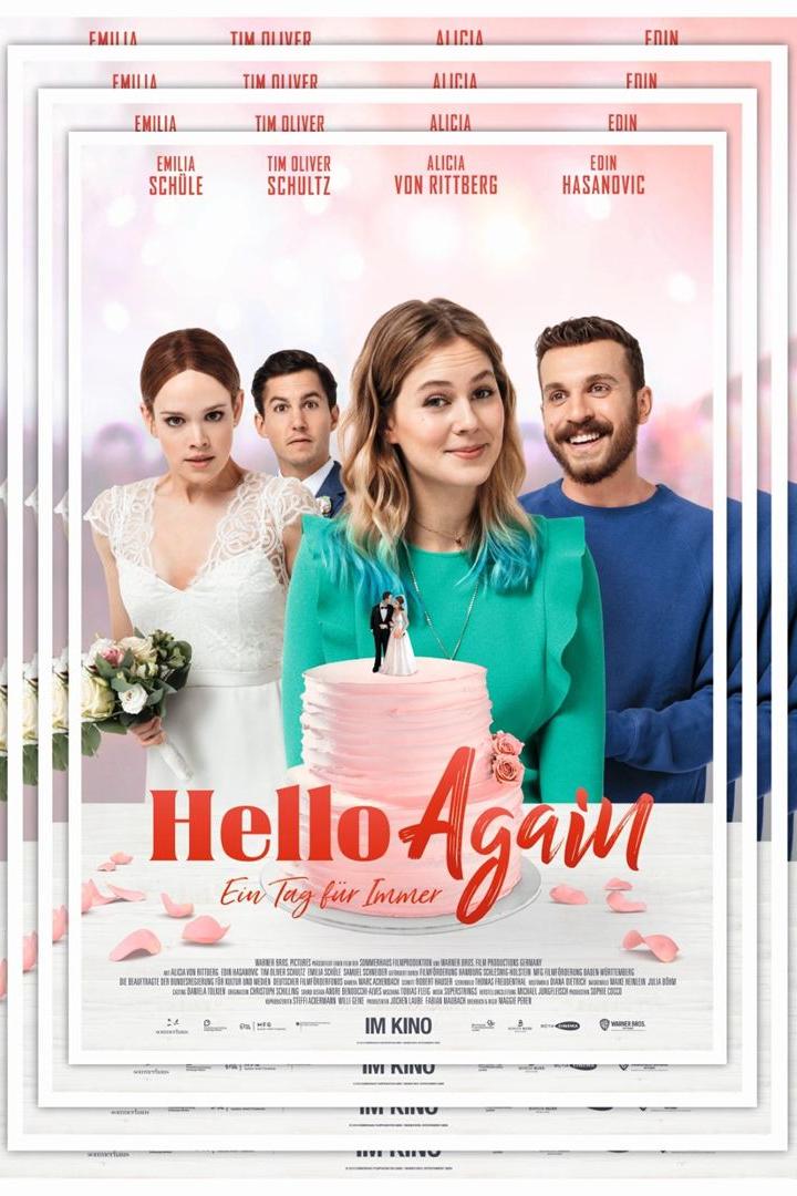 Das Filmplakat für „Hello Again – Ein Tag für Immer“ mit den Hauptdarstellern und einem Hochzeitstorten-Motiv.