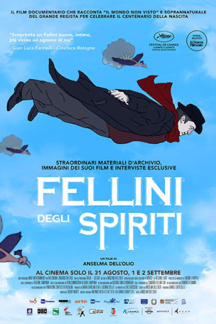 Das Filmplakat für „Fellini degli spiriti“ zeigt eine stilisierte, fliegende Figur vor blauem Himmel.