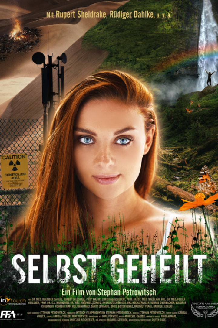 Das Filmplakat für „Selbst Geheilt“ zeigt eine Frau vor einer Collage aus Natur- und Industrie-Motiven.