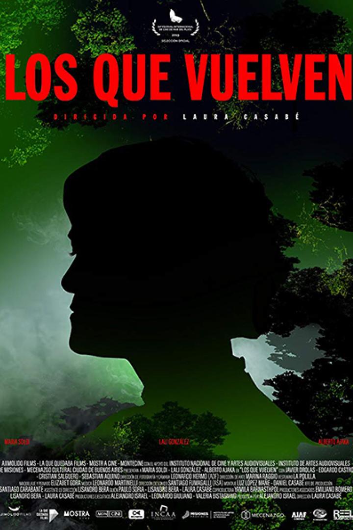 Das Filmplakat für „Los Que Vuelven“ zeigt den Schattenriss eines Frauenkopfes vor einem grünen Hintergrund.