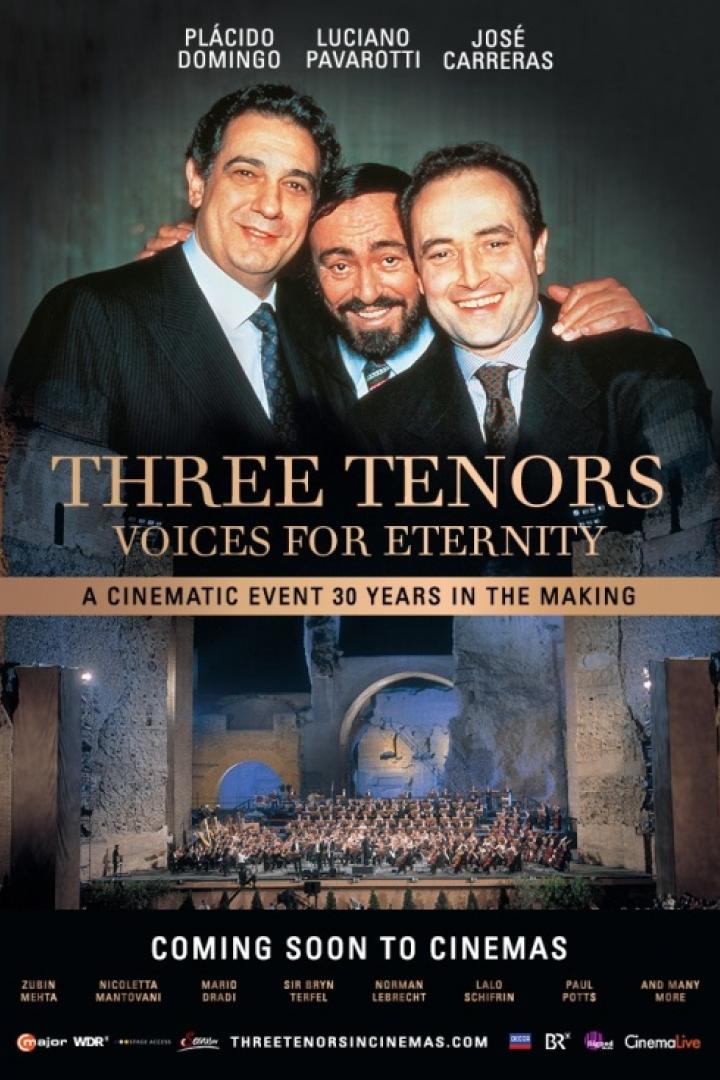 Das Filmplakat für „Three Tenors: Voices for Eternity“ zeigt Plácido Domingo, Luciano Pavarotti und José Carreras.