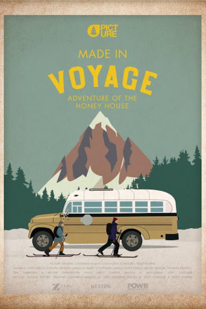Das Poster für „Made in Voyage: Adventure of the Honey House“ zeigt Skifahrer vor einem Bus und Berg.