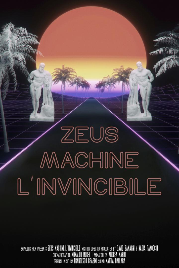 Ein Synthwave-inspiriertes Filmposter für „Zeus Machine L'Invincibile“ mit Statuen und Palmen.