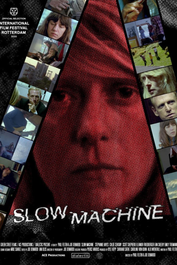 Das Filmplakat für „Slow Machine“ zeigt ein Gesicht und Filmszenen.