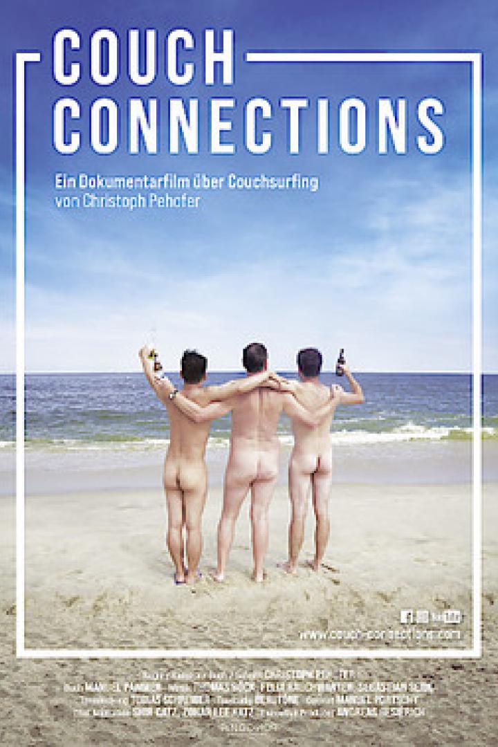 Das Filmplakat für „Couch Connections“ zeigt drei nackte Männer am Strand, die mit dem Rücken zum Betrachter stehen.