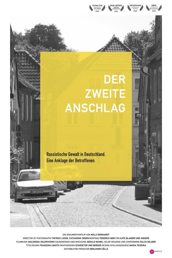 Das Filmplakat für „Der zweite Anschlag“ zeigt eine Straße mit dem Titel in gelber Schrift.