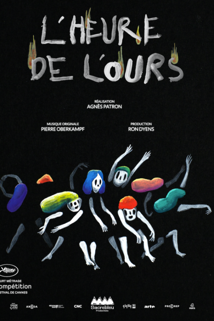 Das Poster für den Kurzfilm „L'Heure de l'Ours“ zeigt stilisierte Figuren auf schwarzem Grund.