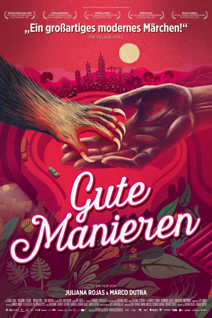 Das Filmplakat für „Gute Manieren“ zeigt eine Wolfshand, die eine menschliche Hand berührt.