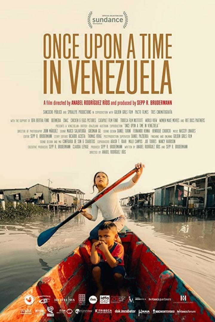 Filmplakat für „Once Upon a Time in Venezuela“ mit zwei Kindern in einem Boot.