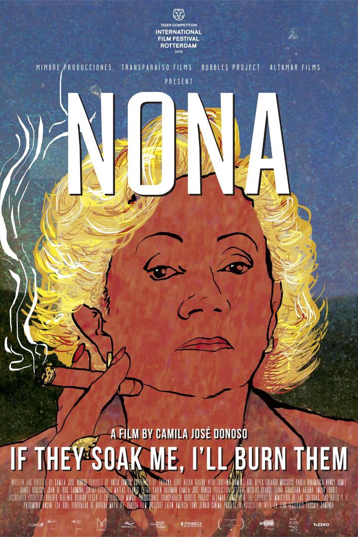 Das stilisierte Filmplakat für „Nona“ zeigt eine rauchende Frau mit blonden Haaren.