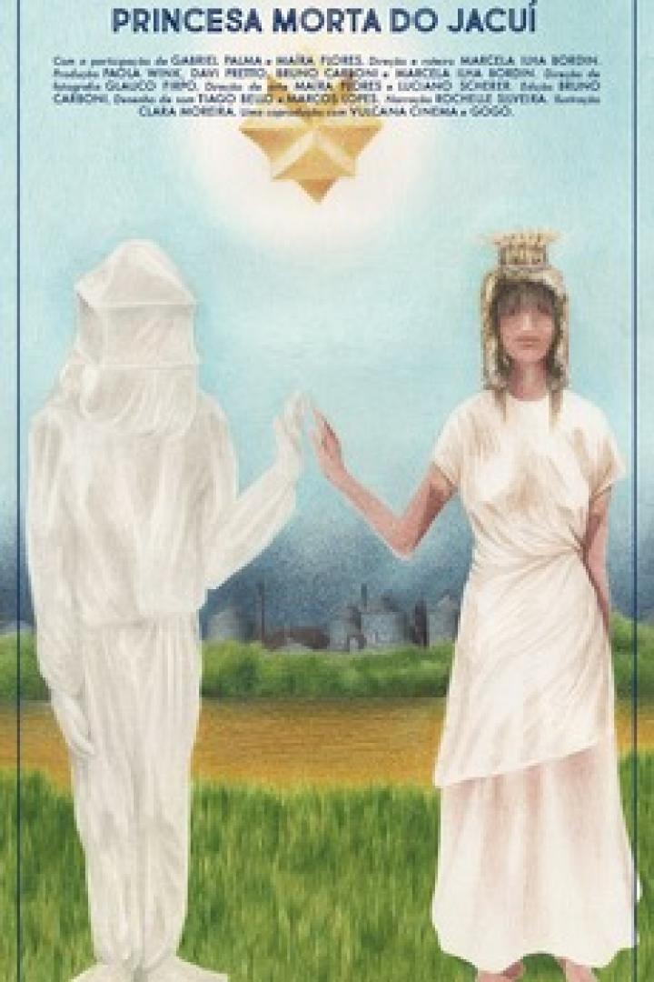 Das Filmplakat für „Princesa Morta do Jacuí“ zeigt eine Frau in Weiß neben einer in Weiß gekleideten Figur vor einer Landschaft.