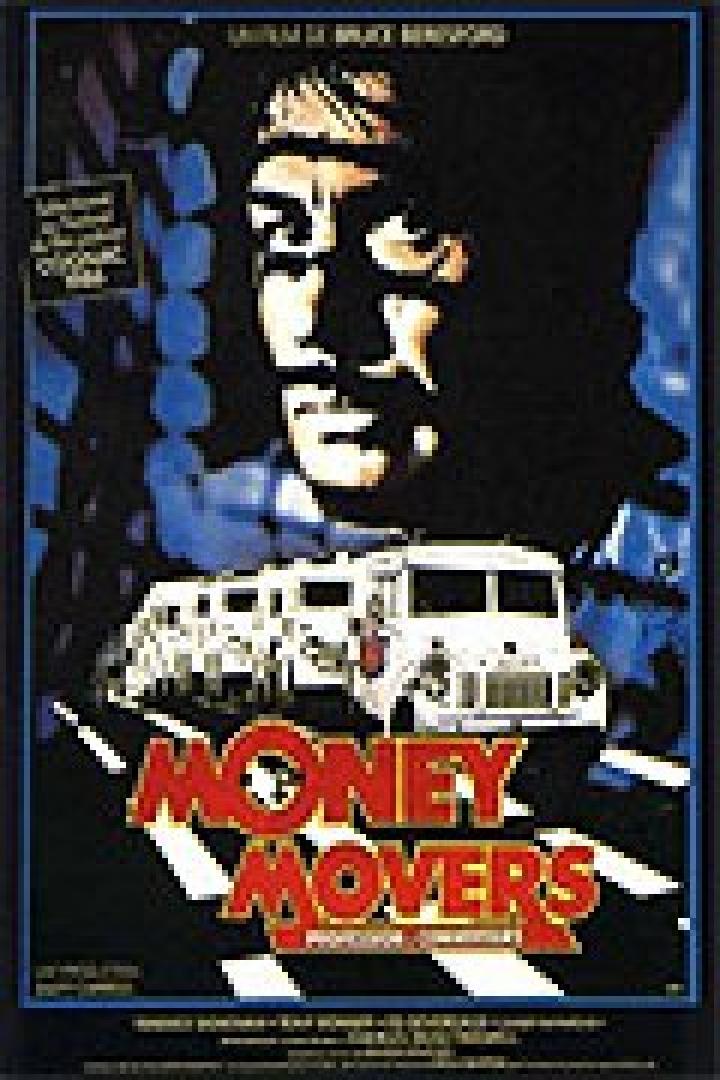 Das Filmplakat für „Money Movers“ zeigt einen Mann vor Geldtransportern.