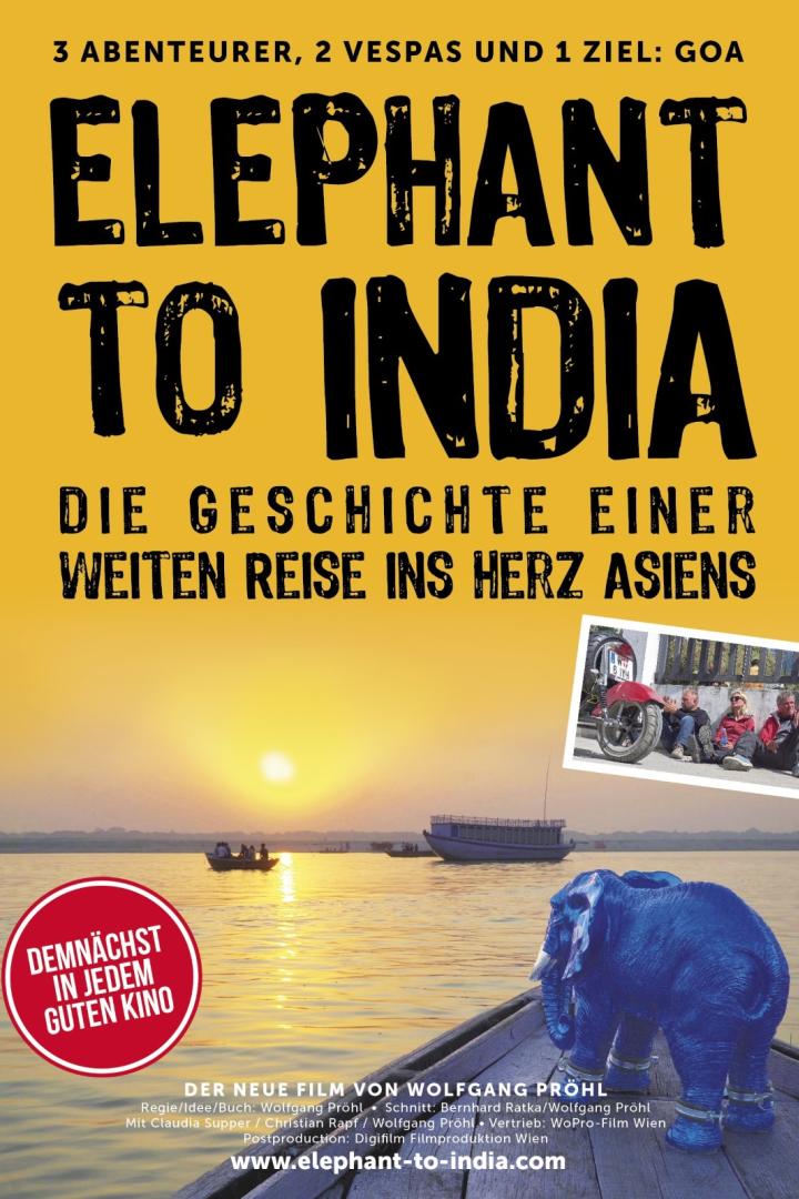 Das Filmplakat für „Elephant to India“ zeigt eine Reise durch Asien mit drei Abenteurern und zwei Vespas.