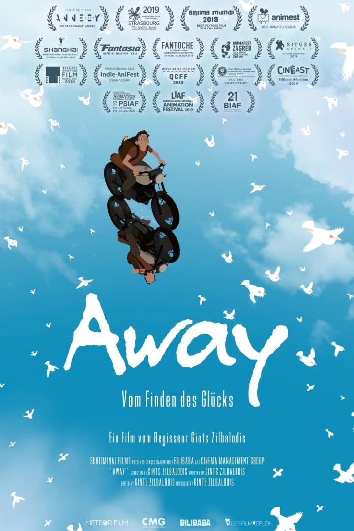 Ein animierter Junge fährt auf einem Motorrad vor einem blauen Himmel mit weißen Vögeln im Filmplakat „Away“.