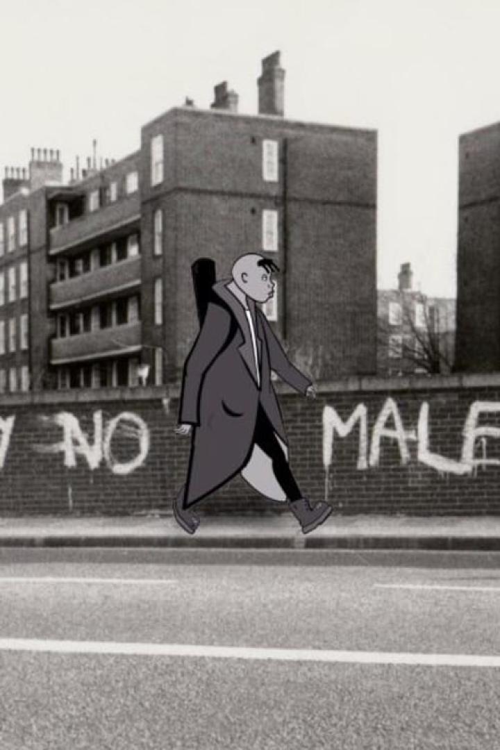 Eine stilisierte Figur mit Gitarre auf dem Rücken geht an einer Mauer mit Graffiti vorbei.