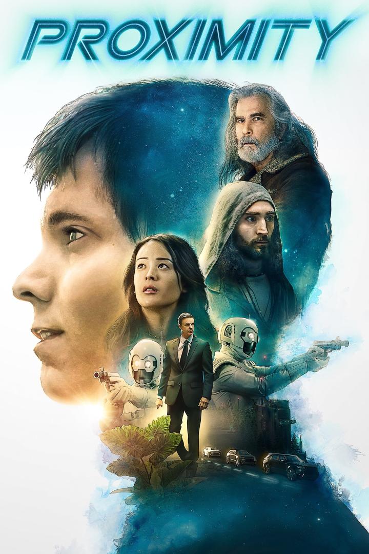 Das Filmplakat für „Proximity“ zeigt mehrere Charaktere und Roboter vor einem sternenklaren Hintergrund.