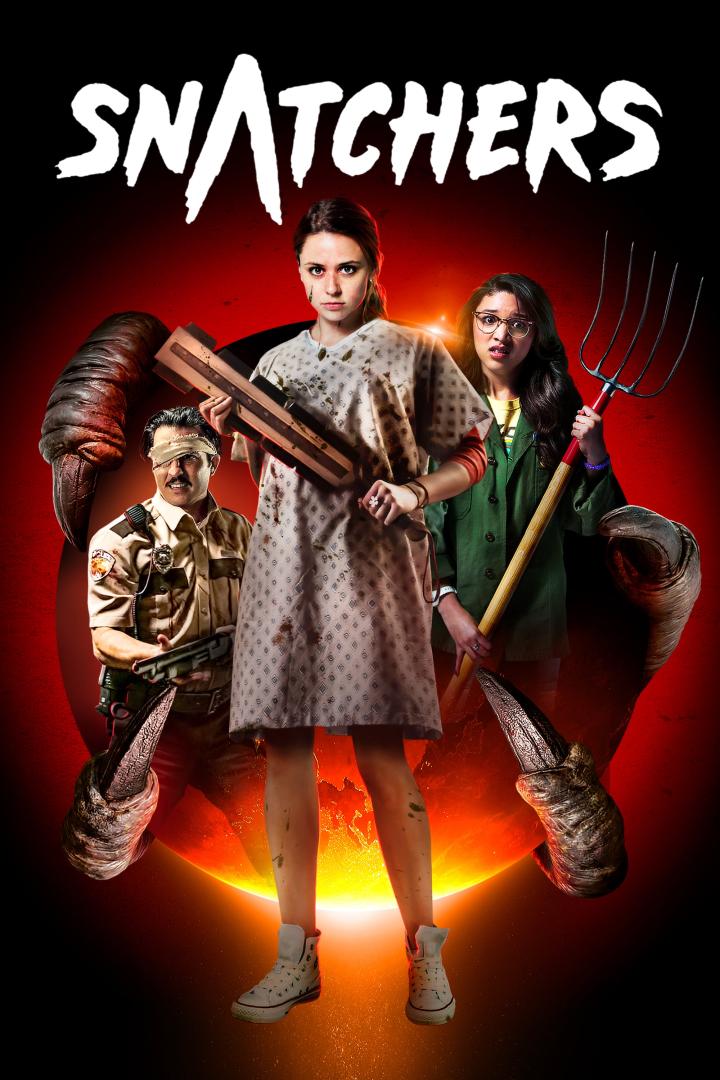 Das Filmplakat für „Snatchers“ zeigt eine junge Frau mit einer Waffe, umgeben von Monstern.