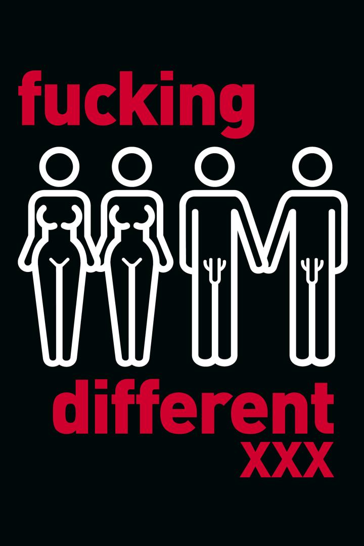 Eine stilisierte Darstellung von zwei Frauen und zwei Männern, mit dem Text „fucking different XXX“.
