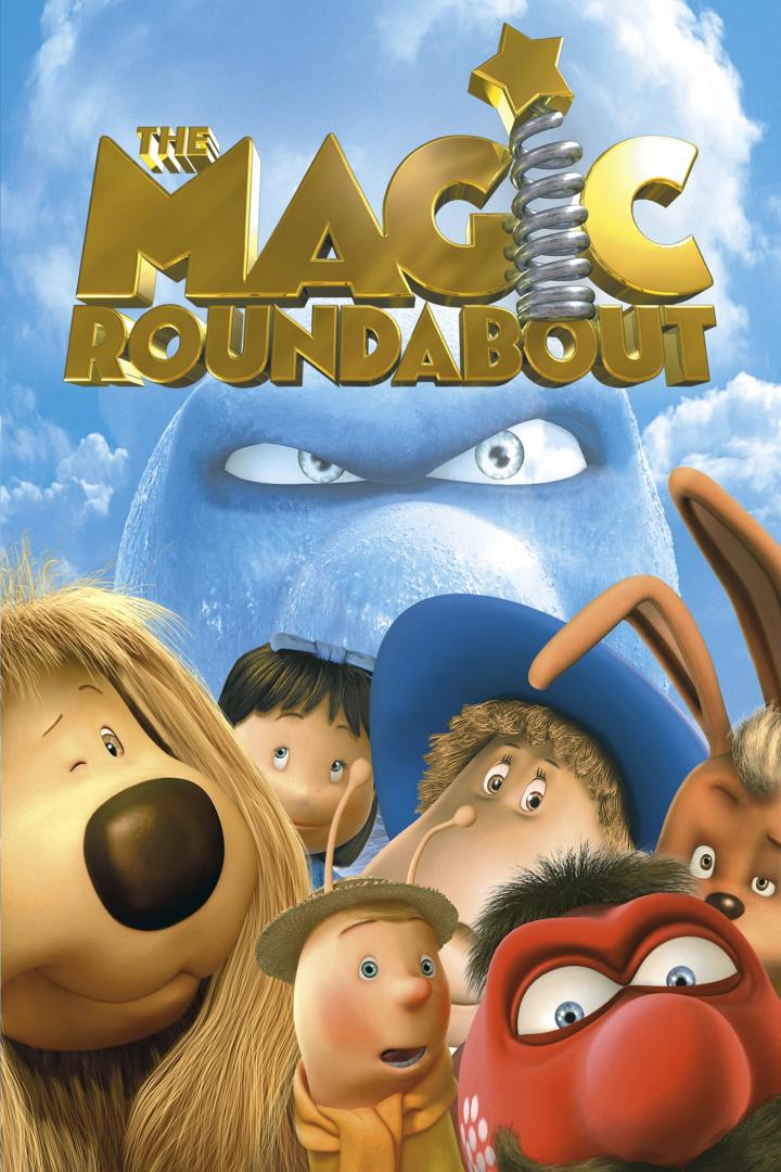 Das Filmplakat für „The Magic Roundabout“ zeigt animierte Charaktere vor einem blauen Hintergrund.