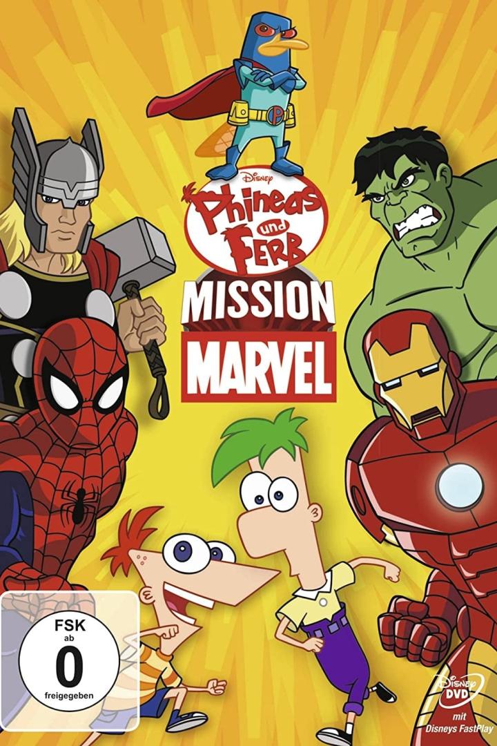 Das Cover von „Phineas und Ferb: Mission Marvel“ mit den Comicfiguren und Marvel-Superhelden.