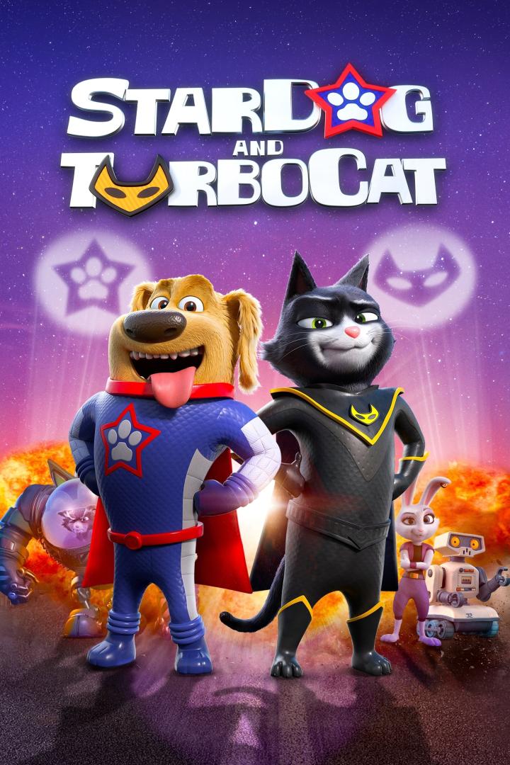 Das Filmplakat für „StarDog and TurboCat“ zeigt einen animierten Hund und eine Katze in Superheldenkostümen.