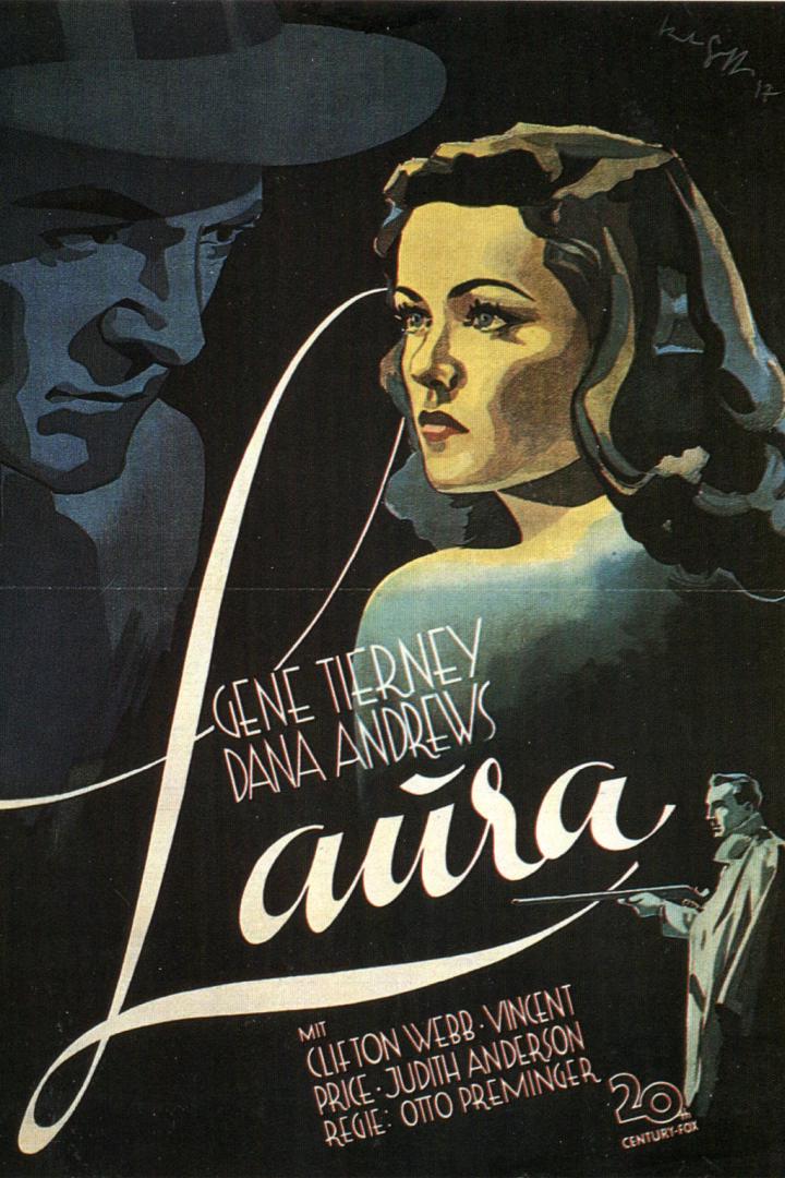 Das Filmplakat für „Laura“ mit Gene Tierney und Dana Andrews.