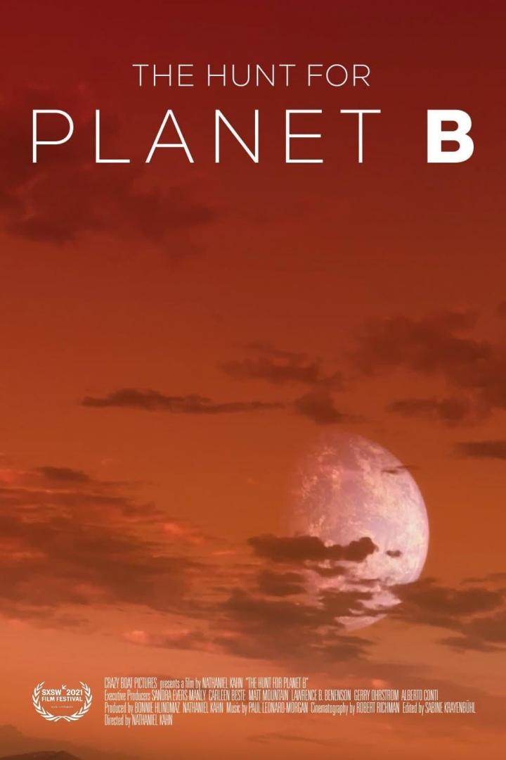 Das Filmplakat für „The Hunt for Planet B“ zeigt einen Planeten vor einem orangefarbenen Himmel.
