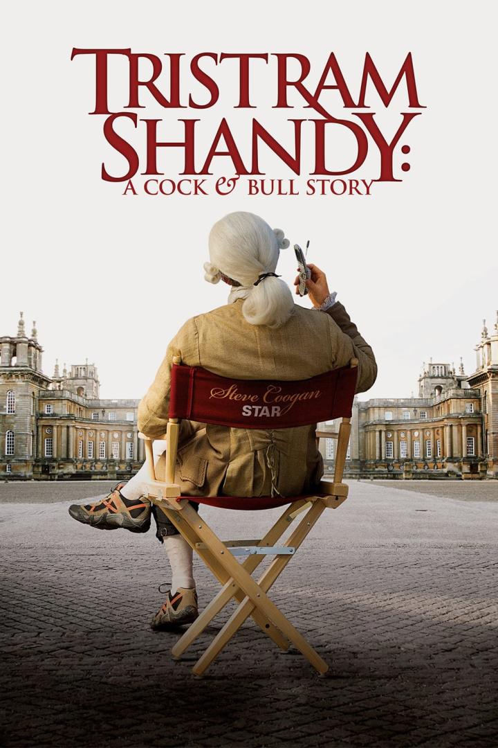 Das Filmplakat für „Tristram Shandy: A Cock and Bull Story“ zeigt Steve Coogan mit Handy auf einem Regiestuhl.