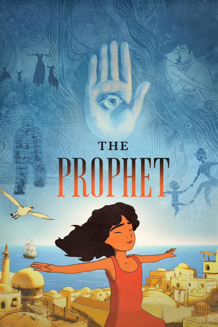 Das animierte Filmplakat für „Der Prophet“ zeigt ein junges Mädchen vor einer Küstenstadt.