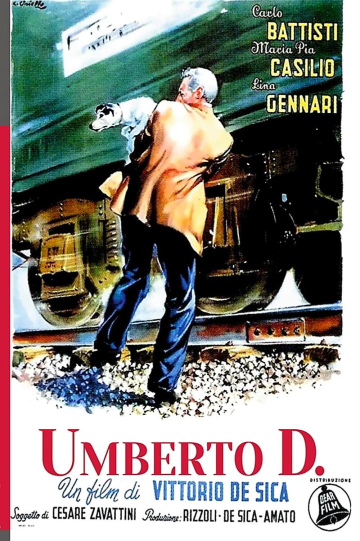 Ein Mann mit Hund steht neben einem Zug, Plakat für den Film „Umberto D.“.